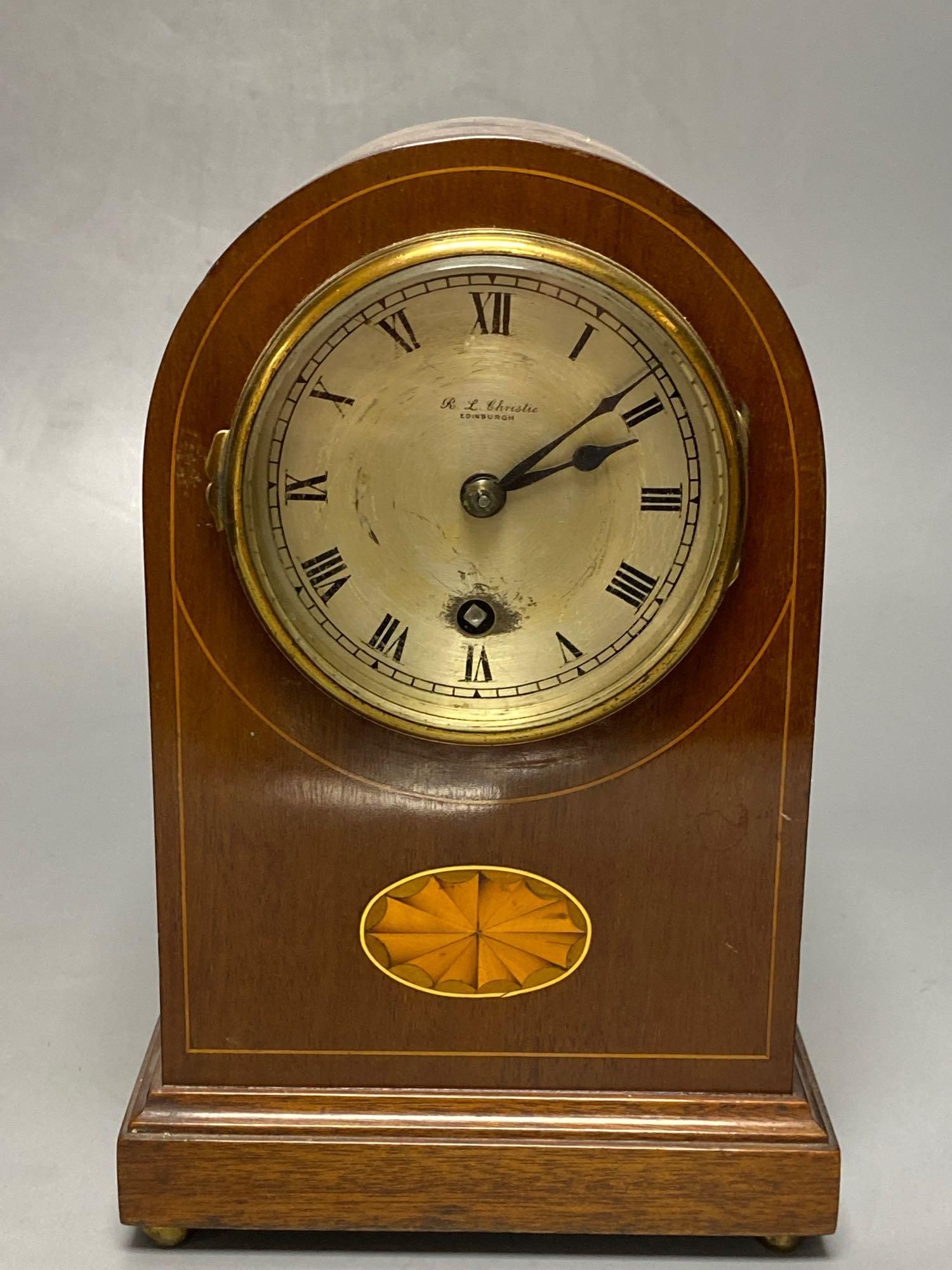 An Edwardian inlaid mahogany eight day mantel clock, with spring drive timepiece movement, 26cm